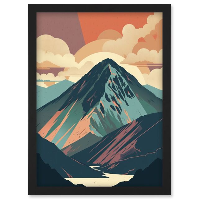 Artery8 Mountain Hill Sunrise Boho Landscape Illustration Artwork Framed Wall Art Print A4 in Black - image 1
