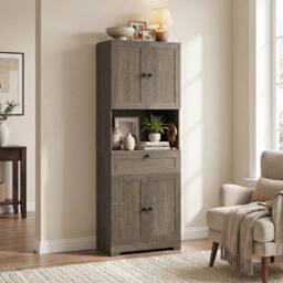 Costway Modern Bathroom Cabinet Wooden Storage Cabinet w/ 4 Doors & 1 Drawer in Grey - thumbnail 9