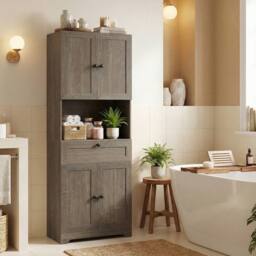 Costway Modern Bathroom Cabinet Wooden Storage Cabinet w/ 4 Doors & 1 Drawer in Grey
