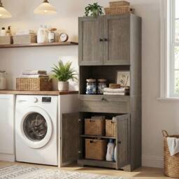 Costway Modern Bathroom Cabinet Wooden Storage Cabinet w/ 4 Doors & 1 Drawer in Grey - thumbnail 6