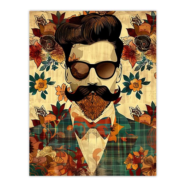 "Artery8 Hipster Man Portrait Flowers Moustache Pompadour Wall Art Print in Brown - Size: W24"" x H32""" - image 1