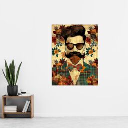 "Artery8 Hipster Man Portrait Flowers Moustache Pompadour Wall Art Print in Brown - Size: W24"" x H32""" - thumbnail 4