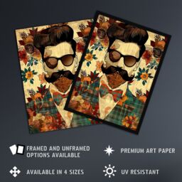 "Artery8 Hipster Man Portrait Flowers Moustache Pompadour Wall Art Print in Brown - Size: W24"" x H32""" - thumbnail 2