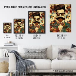 "Artery8 Hipster Man Portrait Flowers Moustache Pompadour Wall Art Print in Brown - Size: W24"" x H32""" - thumbnail 3