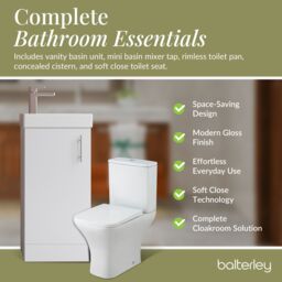 Balterley Cloakroom Vanity Basin, Tap & Toilet Set - Gloss White/Chrome in White - thumbnail 7
