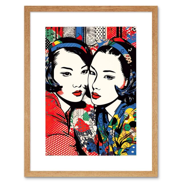 "Artery8 Wall Art Print Gay Japan Women Linocut Vibrant Geometric Patterns LGBTQ Pan Portrait Halftone Artwork Framed 9X7 Inch - Size: W7"" x H9""" - image 1