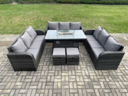 Fimous Rattan Furniture Garden Dining Set Gas Fire Pit Table With Lounge Sofa 2 Small Footstools Dark Grey Mixed - thumbnail 3