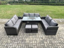 Fimous Rattan Furniture Garden Dining Set Gas Fire Pit Table With Lounge Sofa 2 Small Footstools Dark Grey Mixed - thumbnail 1