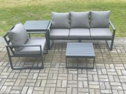 Fimous Aluminium Outdoor Garden Furniture Set Lounge Sofa Chairs Square Coffee Table Sets with Side Table Conservatory Set Dark Grey - thumbnail 2