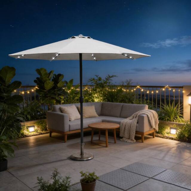 MIMO Outdoor Parasol with LED Lights, Crank Table Sun Umbrella for Garden in Cream - Size: 1 Pack - image 1