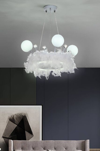 Living and Home Feather LED Chandelier Light with Crystal Balls in White - image 1