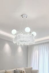 Living and Home Feather LED Chandelier Light with Crystal Balls in White - thumbnail 3