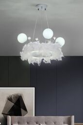 Living and Home Feather LED Chandelier Light with Crystal Balls in White