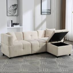 "BTM 80"" L-Shaped Sectional Sofa with Removable Storage Ottoman in Beige - Size: A" - thumbnail 4