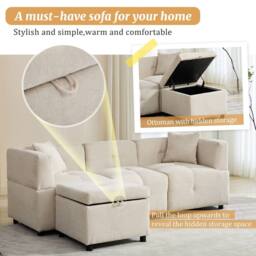 "BTM 80"" L-Shaped Sectional Sofa with Removable Storage Ottoman in Beige - Size: A" - thumbnail 6