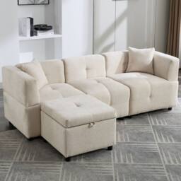"BTM 80"" L-Shaped Sectional Sofa with Removable Storage Ottoman in Beige - Size: A" - thumbnail 2