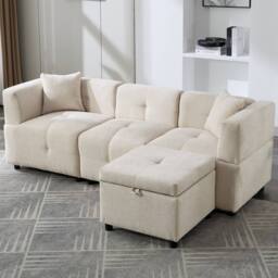 "BTM 80"" L-Shaped Sectional Sofa with Removable Storage Ottoman in Beige - Size: A" - thumbnail 5