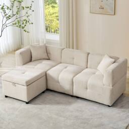"BTM 80"" L-Shaped Sectional Sofa with Removable Storage Ottoman in Beige - Size: A" - thumbnail 9