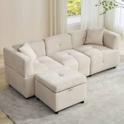 "BTM 80"" L-Shaped Sectional Sofa with Removable Storage Ottoman in Beige - Size: A" - thumbnail 3