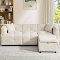 "BTM 80"" L-Shaped Sectional Sofa with Removable Storage Ottoman in Beige - Size: A" - thumbnail 7