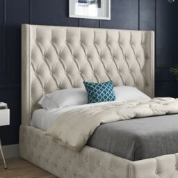 Casani Turin Straight Winged Upholstered Soft Velvet Bed Frame in Cream - Size: Small Single - thumbnail 2