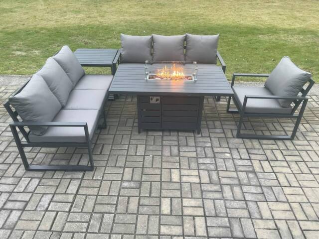 Fimous Aluminium Outdoor Lounge Sofa Garden Furniture Sets Gas Fire Pit Dining Table Set with Side Table Dark Grey - image 1
