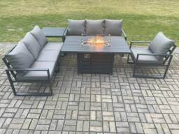 Fimous Aluminium Outdoor Lounge Sofa Garden Furniture Sets Gas Fire Pit Dining Table Set with Side Table Dark Grey - thumbnail 1