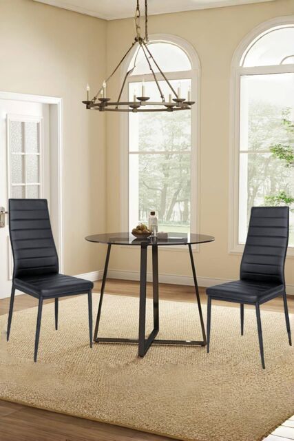 Living and Home 3-Piece Dining Table Set of Modern Faux Leather Dining Chairs and Tempered Glass Round Table in Black - image 1