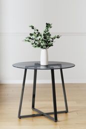 Living and Home 3-Piece Dining Table Set of Modern Faux Leather Dining Chairs and Tempered Glass Round Table in Black - thumbnail 5