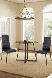 Living and Home 3-Piece Dining Table Set of Modern Faux Leather Dining Chairs and Tempered Glass Round Table in Black - thumbnail 1
