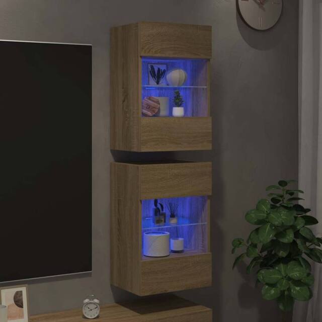 Berkfield Home TV Wall Cabinets with LED Lights 2 pcs Sonoma Oak 40x30x60.5 cm in Light Tan - image 1