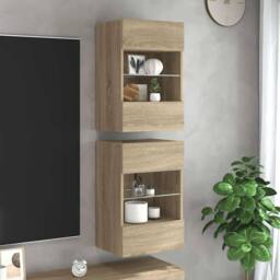 Berkfield Home TV Wall Cabinets with LED Lights 2 pcs Sonoma Oak 40x30x60.5 cm in Light Tan - thumbnail 2