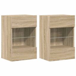 Berkfield Home TV Wall Cabinets with LED Lights 2 pcs Sonoma Oak 40x30x60.5 cm in Light Tan - thumbnail 3