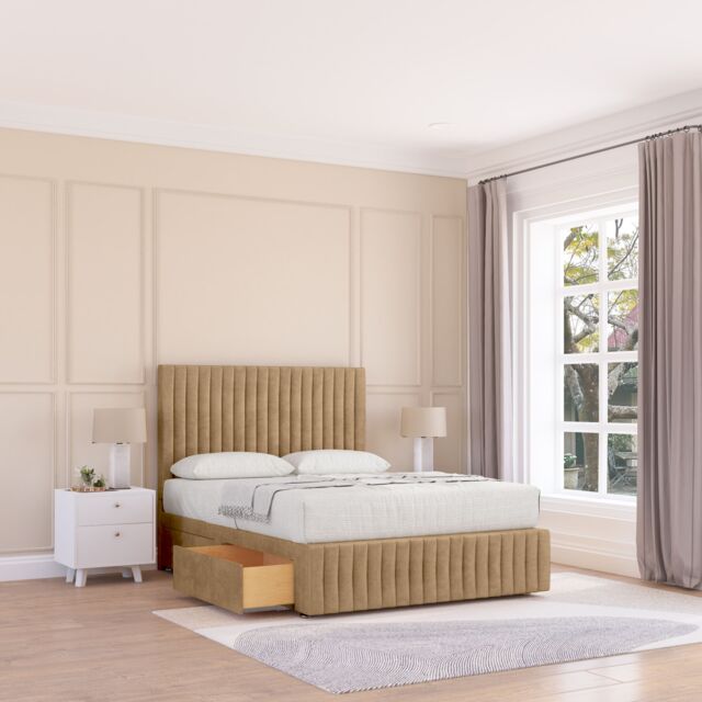 "Sloomy Madison Divan Bed Base No Drawers 12"" Footboard & 26"" Struts Headboard in Light Brown - Size: King" - image 1
