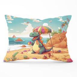 Warren Reed - Designer Dragon On A Beach Holiday Cushions in Yellow - Size: 45 cm x 45 cm - thumbnail 1