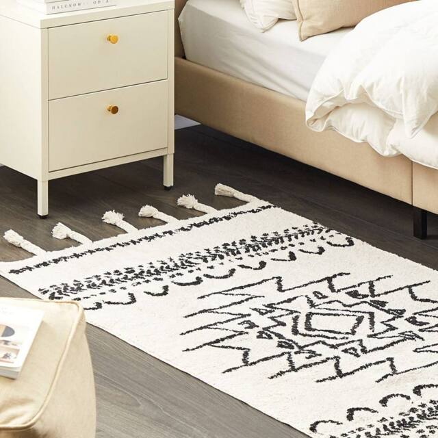 Wyld and Coco Cotton Rug 80 x 150 cm Off-White and Black Geometric with Tassels in White - Size: 80 cm x 150 cm - image 1