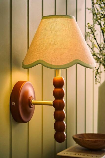 ValueLights Bobbins Walnut Bobble Wall Light & Linen Trim Lamp Shade & Bulb in Pale Green - image 1