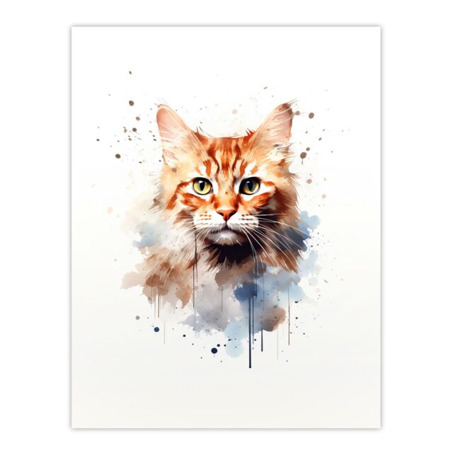"Artery8 Wall Art Print Ginger Orange Cat Lovers Gift Watercolour Pet Portrait Painting Artwork Poster - Size: W12"" x H16""" - image 1