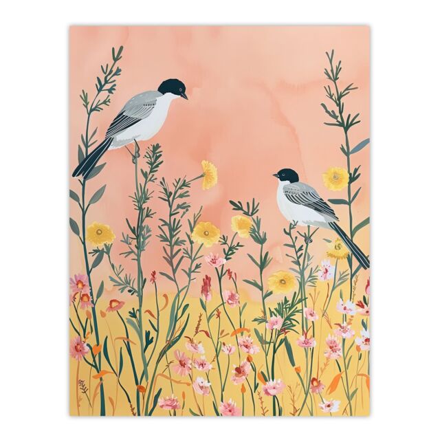 "Artery8 Two Chickadee Birds in Pastel Wildflower Field Wall Art Print in Pale Pink - Size: W12"" x H16""" - image 1