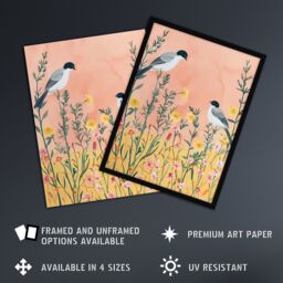 "Artery8 Two Chickadee Birds in Pastel Wildflower Field Wall Art Print in Pale Pink - Size: W12"" x H16""" - thumbnail 2