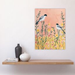 "Artery8 Two Chickadee Birds in Pastel Wildflower Field Wall Art Print in Pale Pink - Size: W12"" x H16""" - thumbnail 4