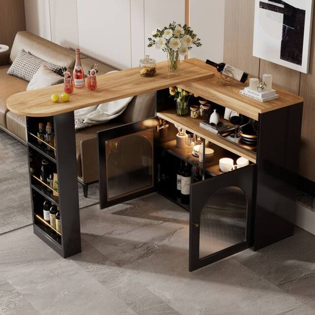 Merax Rotating Breakfast Bar Table with LED Light & Storage in Black - image 1
