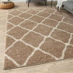 THE RUGS Moroccan Soft High Pile Shaggy Lattice Rugs & Runners Living Room in Beige - Size: 140 cm x 200 cm - thumbnail 1