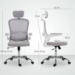 KORVIXA Grey Ergonomic Mesh Office Chair with Adjustable Headrest for Home - Size: 100 cm x 100 cm - thumbnail 2