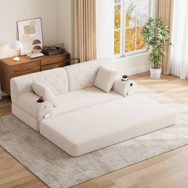 Matteo 2-Seater Sleeper Sofa - Beige Corduroy High Back with Storage - image 1