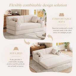 Matteo 2-Seater Sleeper Sofa - Beige Corduroy High Back with Storage - thumbnail 4