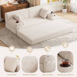 Matteo 2-Seater Sleeper Sofa - Beige Corduroy High Back with Storage - thumbnail 6