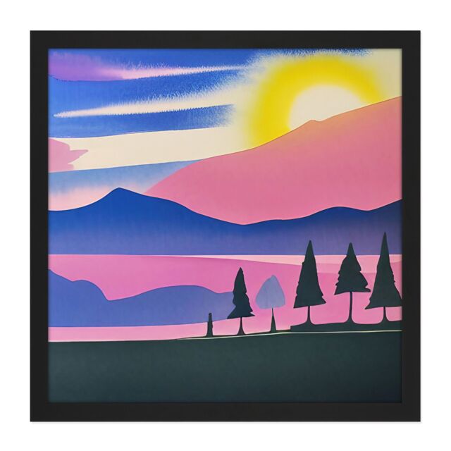"Artery8 Wall Art Print Sunset Mountain Forest Winter Lake Magenta Watercolour Square Framed Picture 16X16 Inch in Black - Size: W16"" x H16""" - image 1