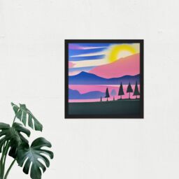 "Artery8 Wall Art Print Sunset Mountain Forest Winter Lake Magenta Watercolour Square Framed Picture 16X16 Inch in Black - Size: W16"" x H16""" - thumbnail 2
