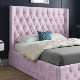 KDMD Wayno Straight Winged Upholstered Soft Velvet Designer Bed Frame in Pink - Size: Small Single - thumbnail 3